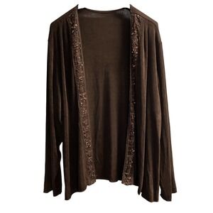 Vintage Amanda Cardigan 3X Brown Slinky Knit‎ Open Front Beaded Sequin Event